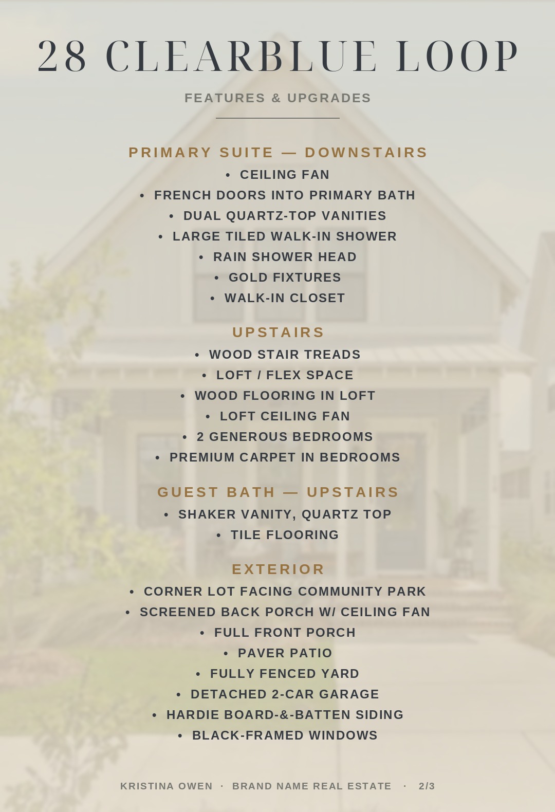 28 Clearblue Loop features & upgrades — primary suite, upstairs and exterior